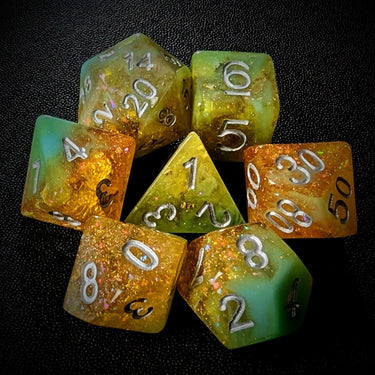 Glitter in Orange & Cyan Resin - 7pcs RPG Full Dice Set